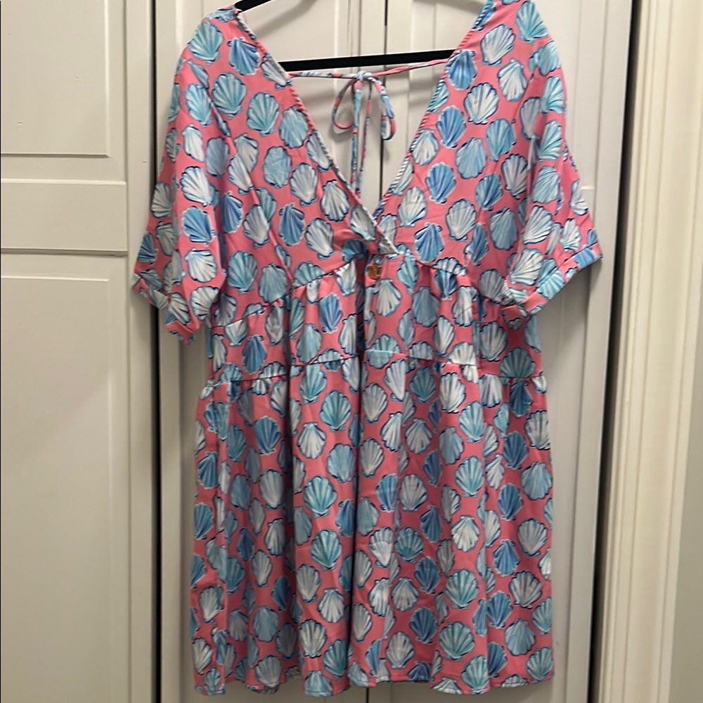 Pink and Blue Shell Print Dress - Picture 5 of 7